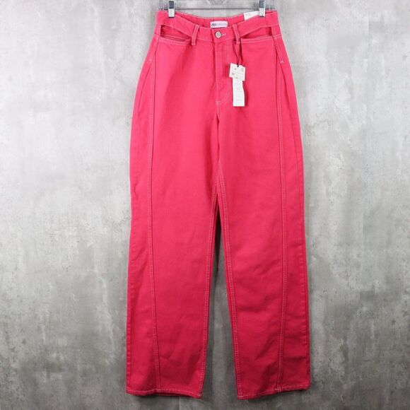 Zara Denim - Zara Jeans Womens Size 06‎ Pink High Rise Full Length Wide Leg Pink Cut Out NWT